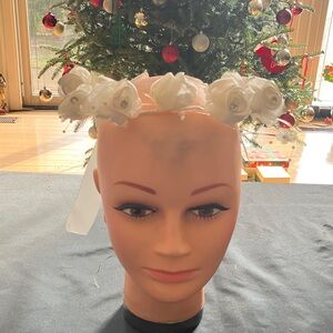 Chic White Floral Rhinestone Crown With Ribbon Bow